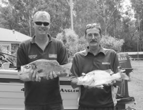 These bass of 46cm and 47cm were caught below the weir on the Williams River on lipless crankbaits by John Lane, left, and Gary Niven, both of Maitland.